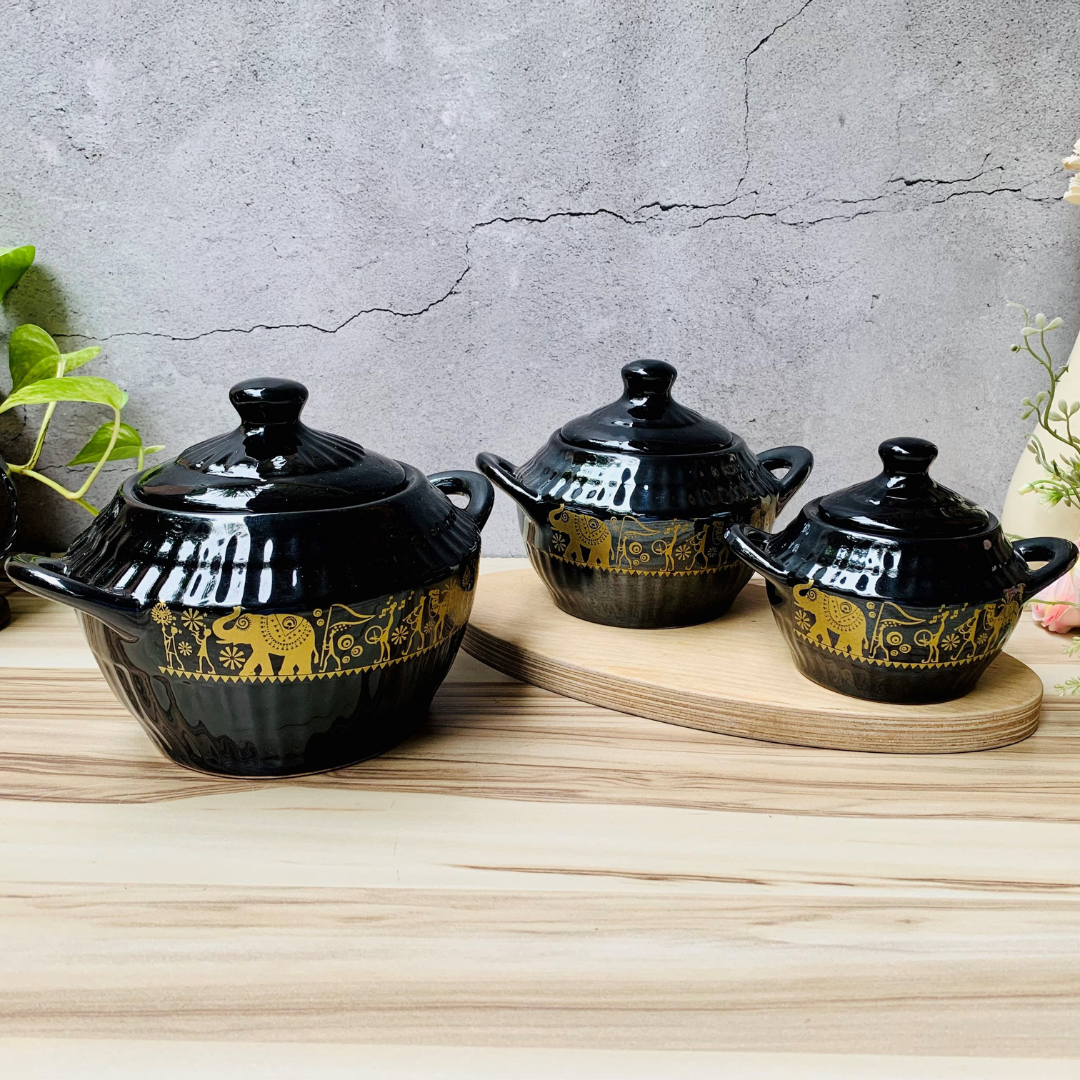 Homefrills  Ceramic 3 Pcs Egyptian Design Handprinted Multipurpose Storage Ceramic Jars & Containers/Casseroles/Donga/serving Bowl with Lid Microwave Dishwasher Safe- Set of 3 colour- Black